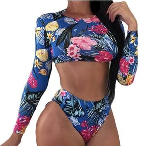 HAPIMO Bikini Swimsuit Long Sleeve Swim Suit 2 Piece Boho Floral | Size Large